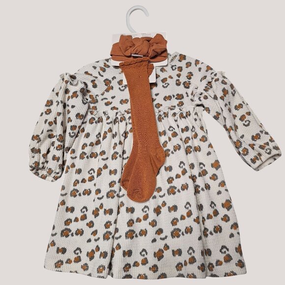 Rachel Zoe Baby Girls Leopard Print Dress 18M  W/ Matching Tights & Headband - Picture 2 of 8